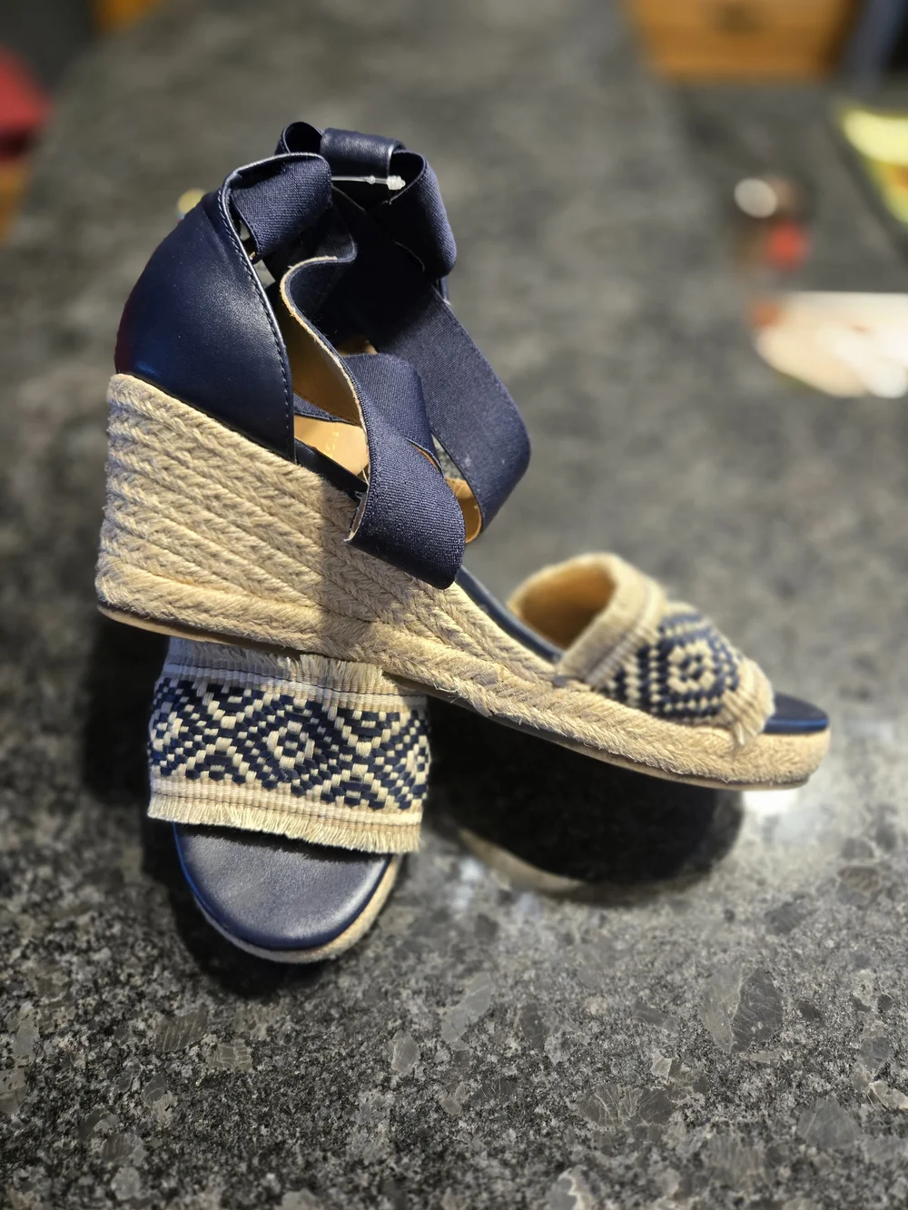 Tommy Hilfiger Navy Blue Espadrille Wedge Sandals with Patterned Toe